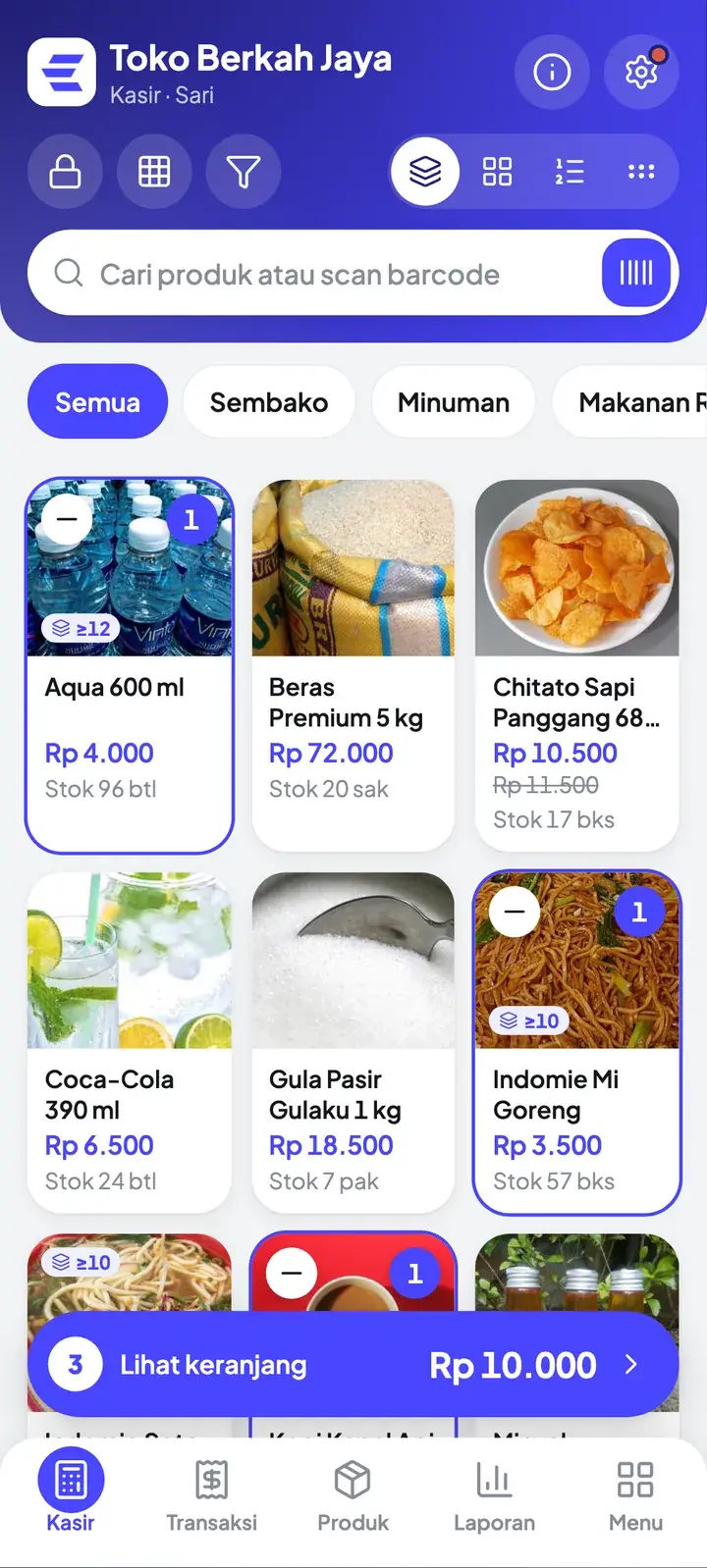 Etalasse Mini Retail di HP: layar kasir