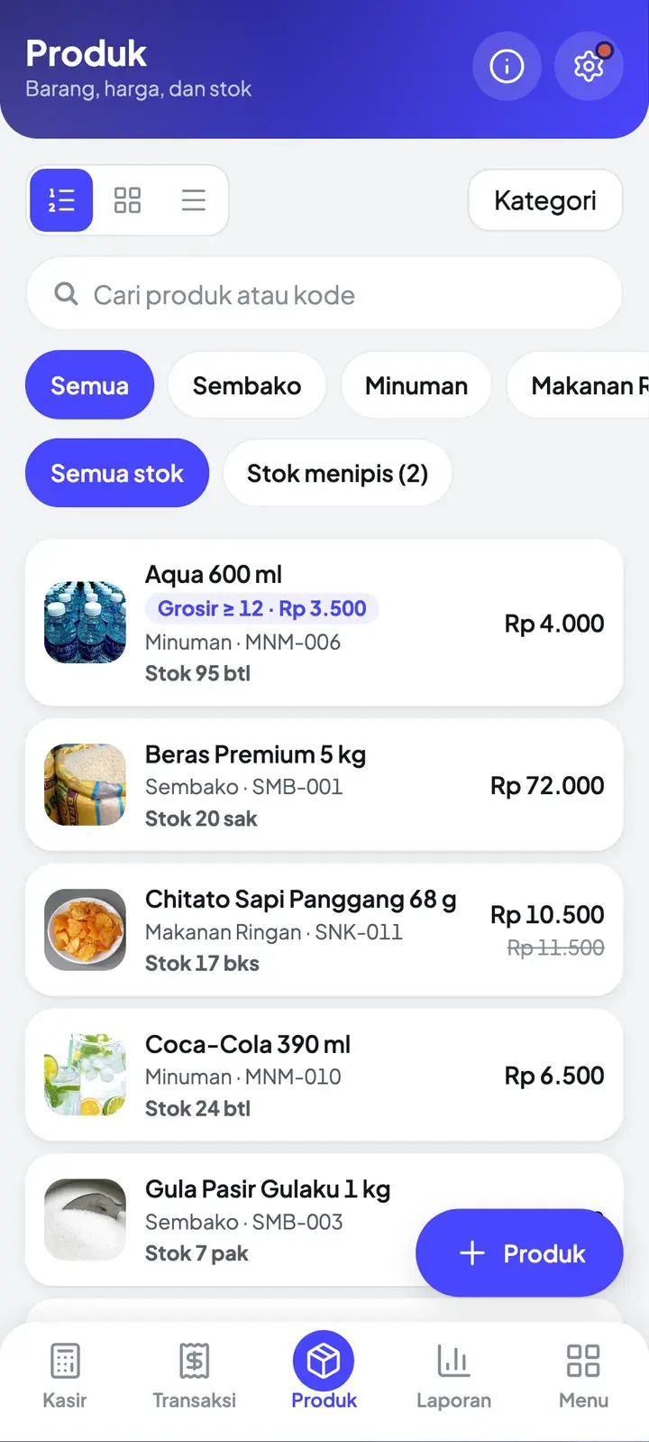 Etalasse Mini Retail di HP: layar Produk & stok