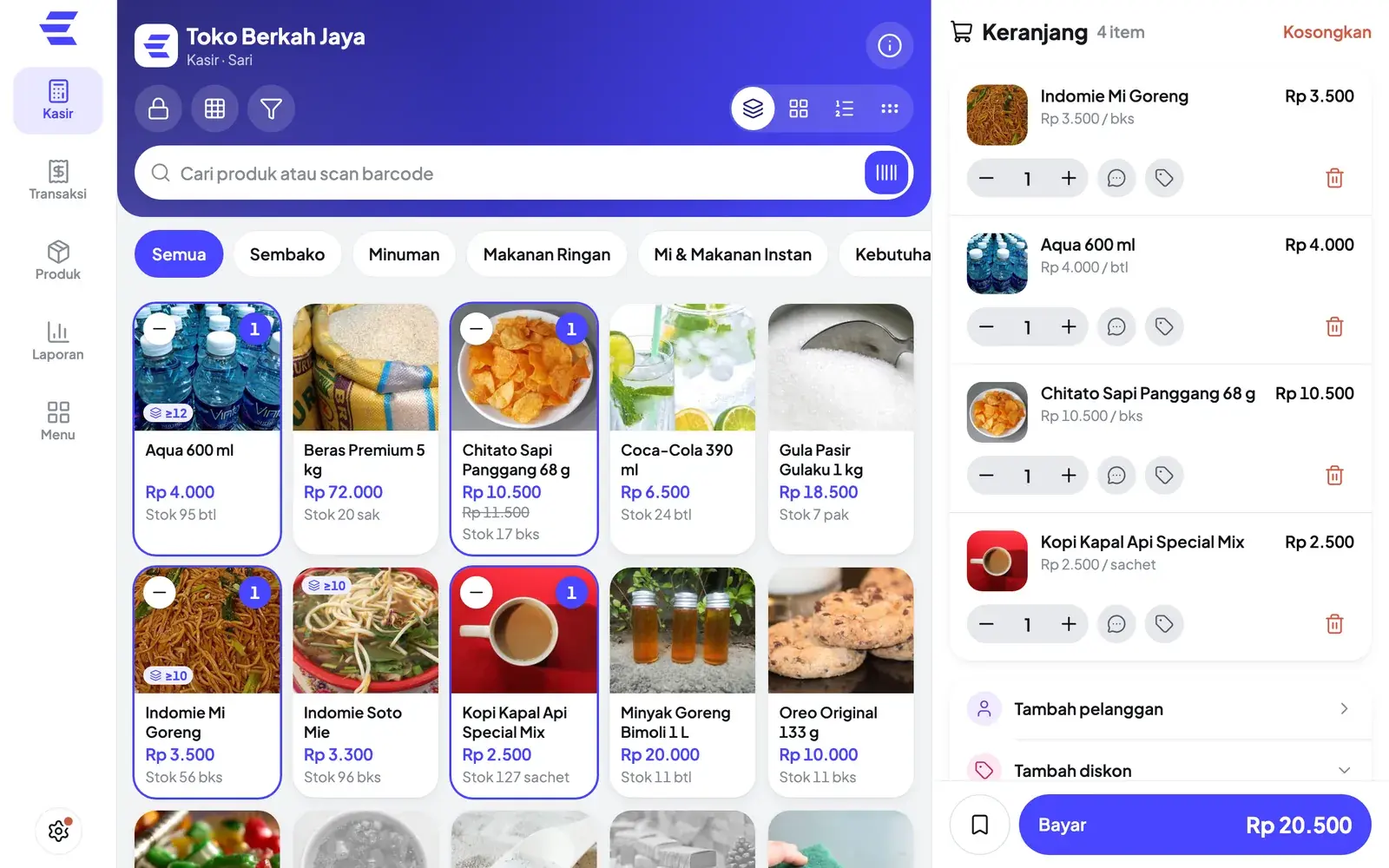 Etalasse Mini Retail di tablet: produk dan keranjang berdampingan